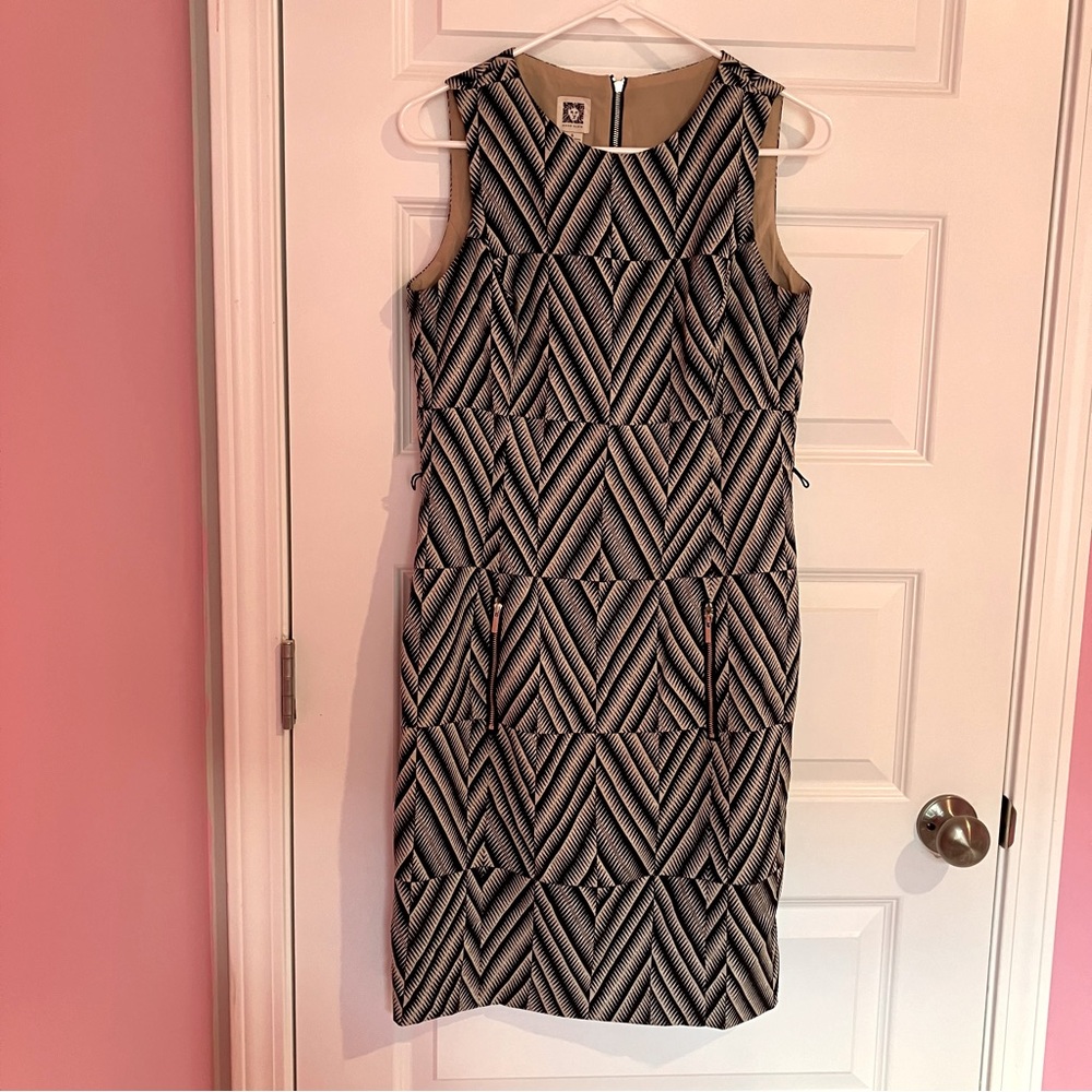 Anne Klein dress black and tan with zipper lined office formal sheath 50s mod